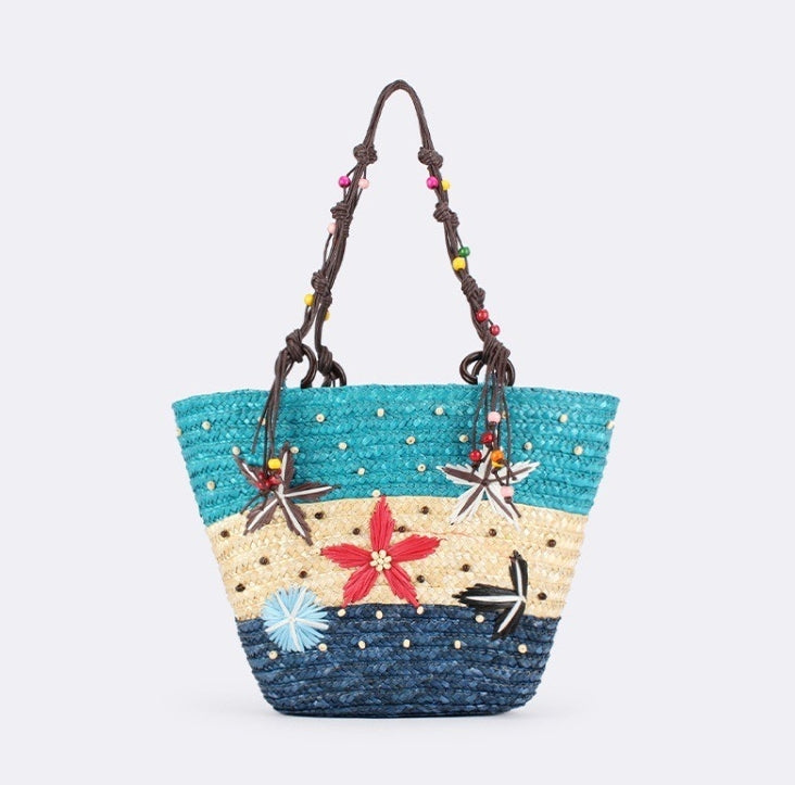 Embroidered Starfish Beaded Straw Bag