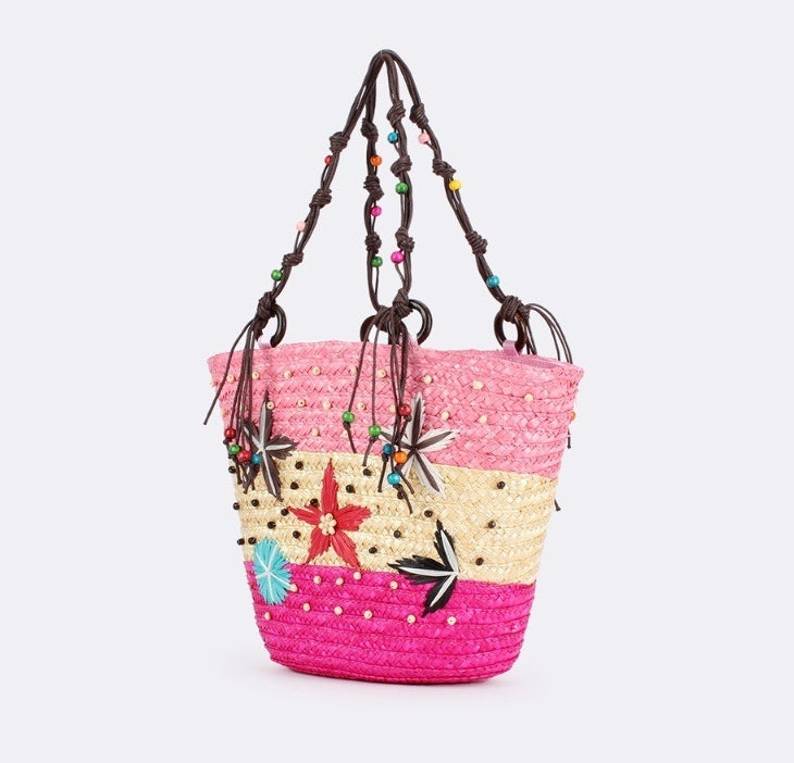 Embroidered Starfish Beaded Straw Bag