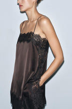 Satin Effect Lace Top - Dark Brown