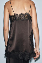 Satin Effect Lace Top - Dark Brown