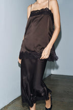 Satin Effect Lace Top - Dark Brown