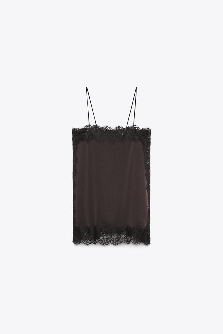 Satin Effect Lace Top - Dark Brown