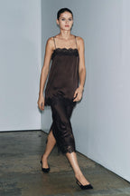 Satin Effect Lace Top - Dark Brown