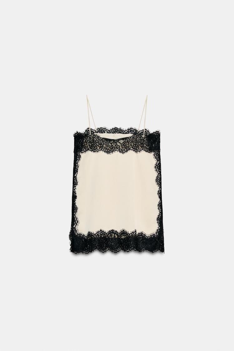 Satin Effect Lace Top - Black / White
