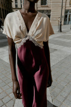 MIDI SATIN EFFECT LACE COMBINATION DRESS