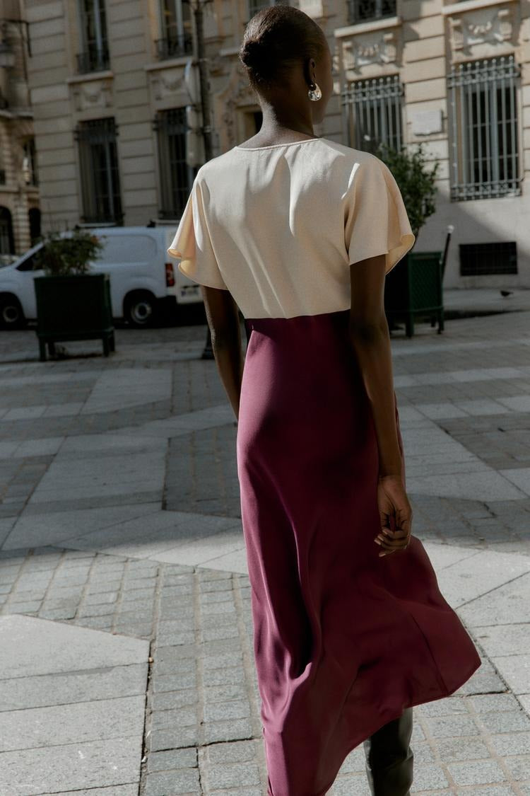 MIDI SATIN EFFECT LACE COMBINATION DRESS