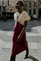 MIDI SATIN EFFECT LACE COMBINATION DRESS