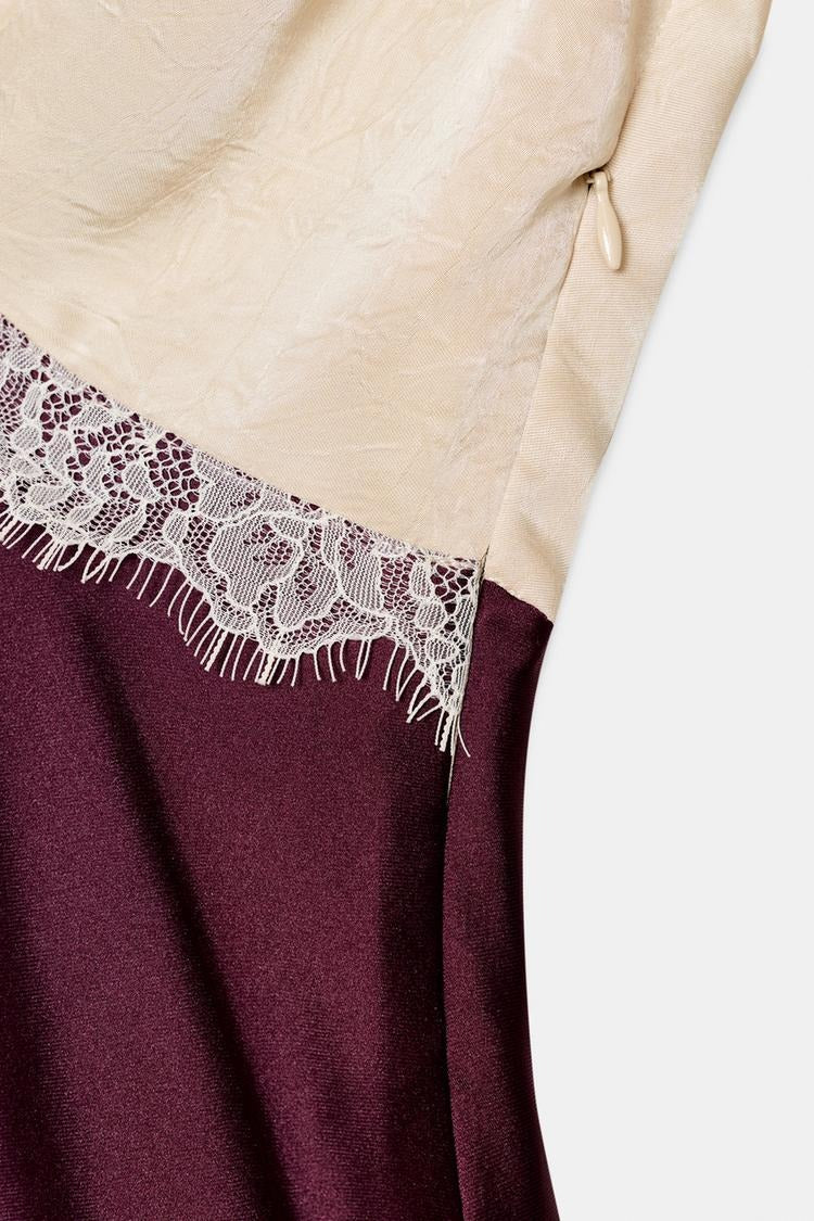 MIDI SATIN EFFECT LACE COMBINATION DRESS