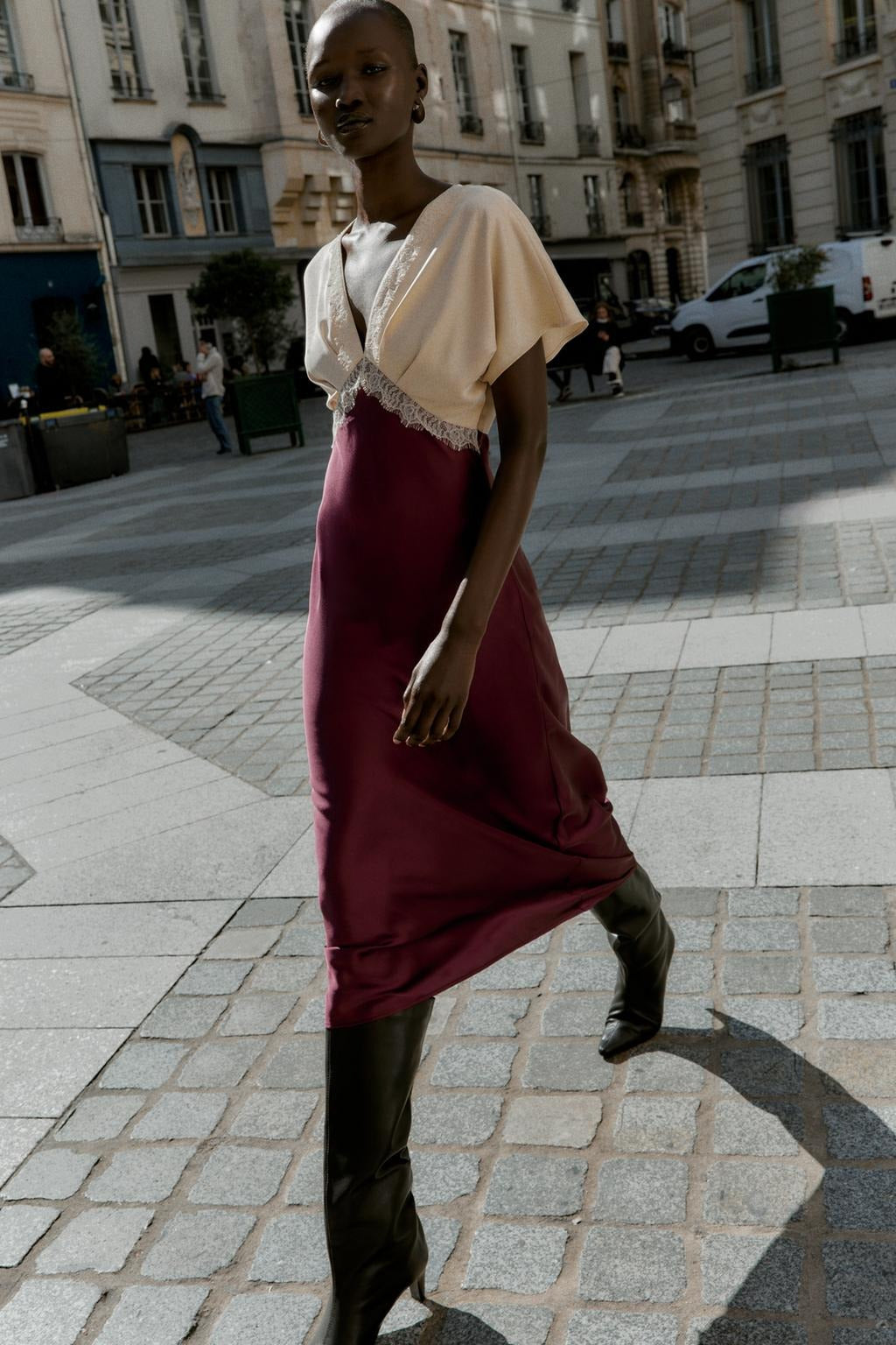 MIDI SATIN EFFECT LACE COMBINATION DRESS