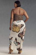 Butterfly Print Satin Midi Skirt