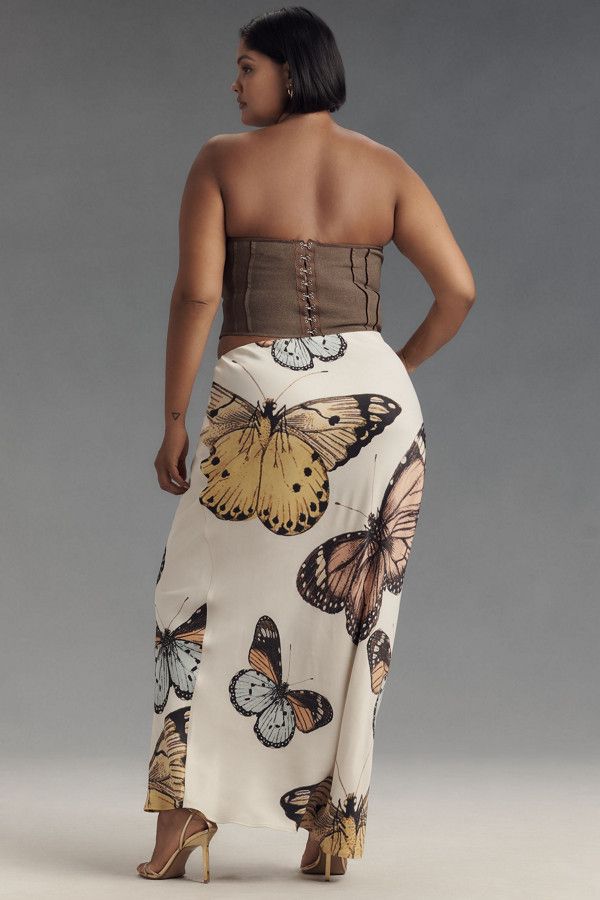 Butterfly Print Satin Midi Skirt