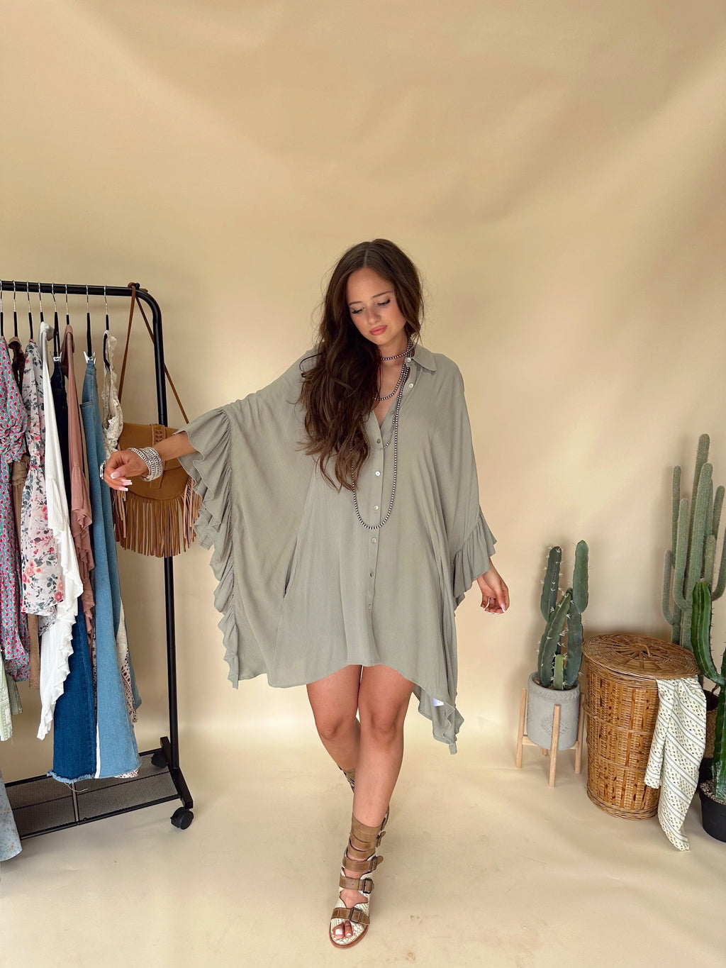 Sage Ruffle Hem Oversized Tunic Top