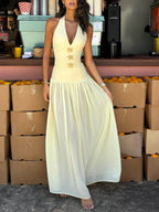 Starfish Halterneck Lace-up Deep V-neck Backless Maxi Dress