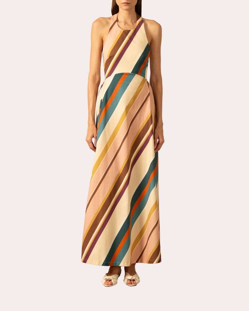 Striped Tie-Back Halterneck Maxi Dress