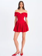 Narelle Crimson Off-Shoulder Sweetheart Drop Waist Mini Dress