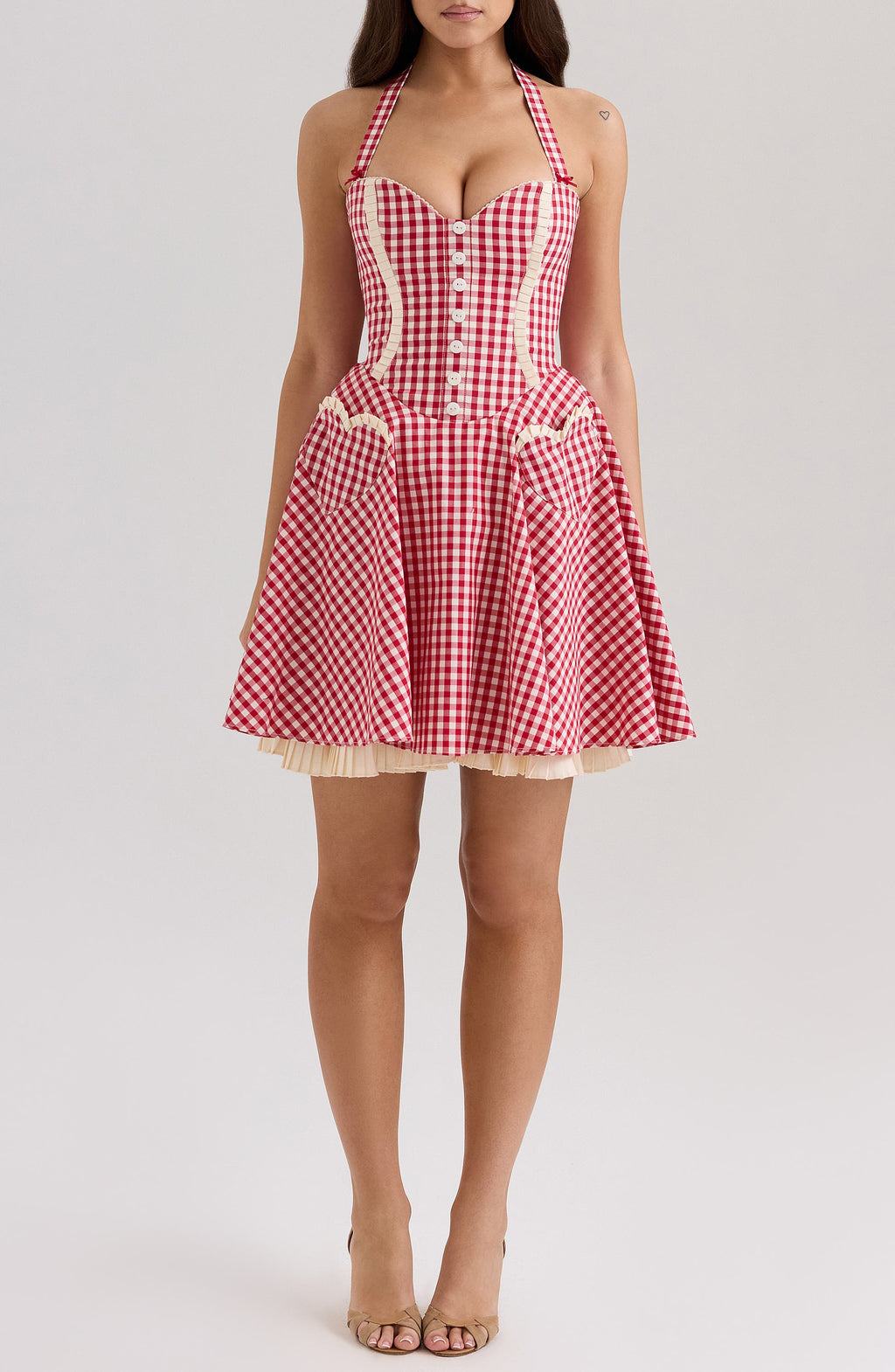 Heidi Fit & Flare Gingham Halter Mini Dress