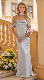 Ice Blue Satin Off-the-Shoulder Gown
