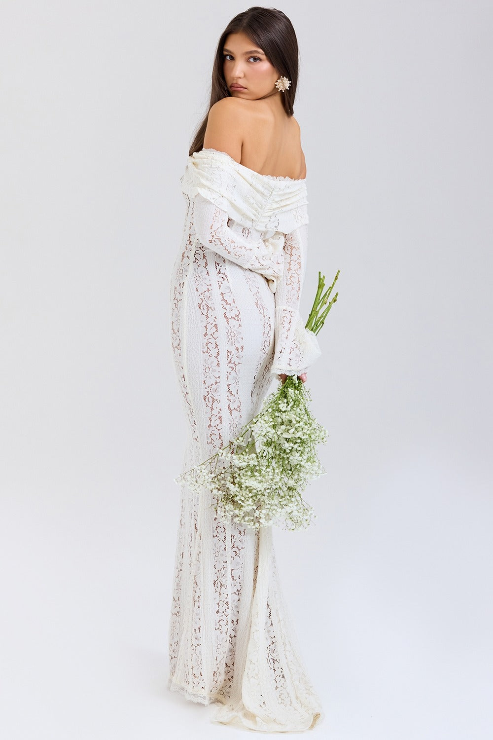 Vintage Cream Floral Lace Off Shoulder Maxi Dress