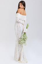 Vintage Cream Floral Lace Off Shoulder Maxi Dress