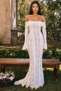 Vintage Cream Floral Lace Off Shoulder Maxi Dress