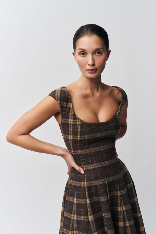 Brown Plaid Midi Dress