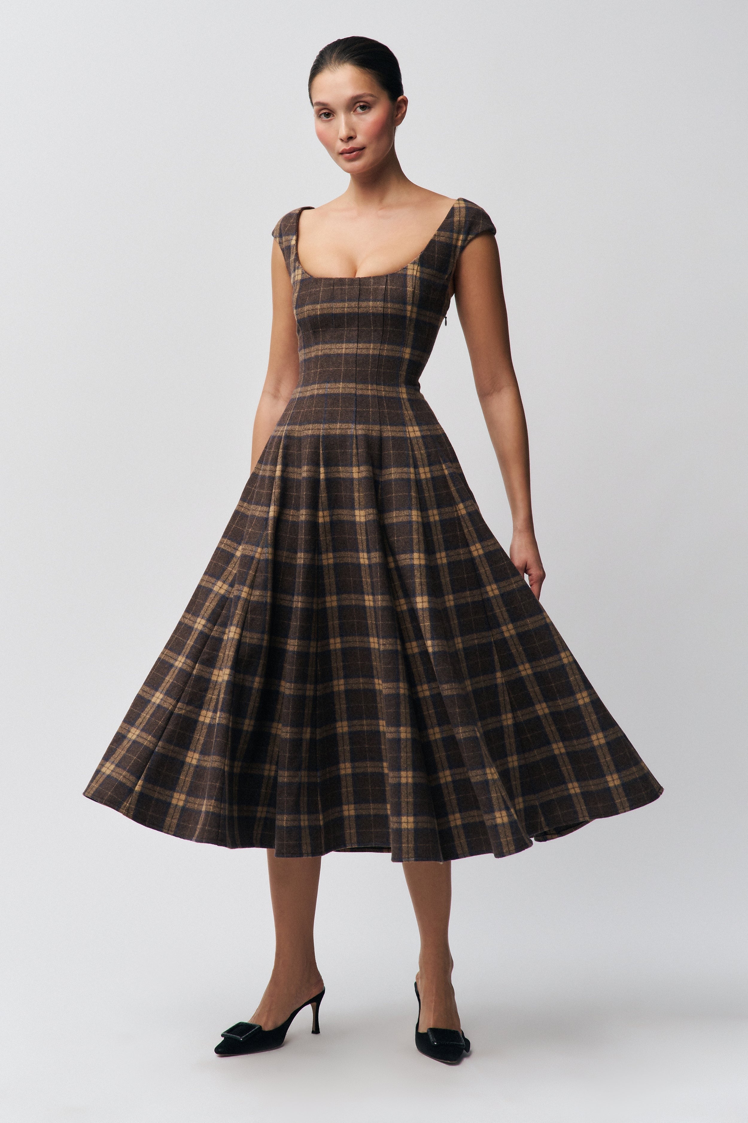 Brown Plaid Midi Dress