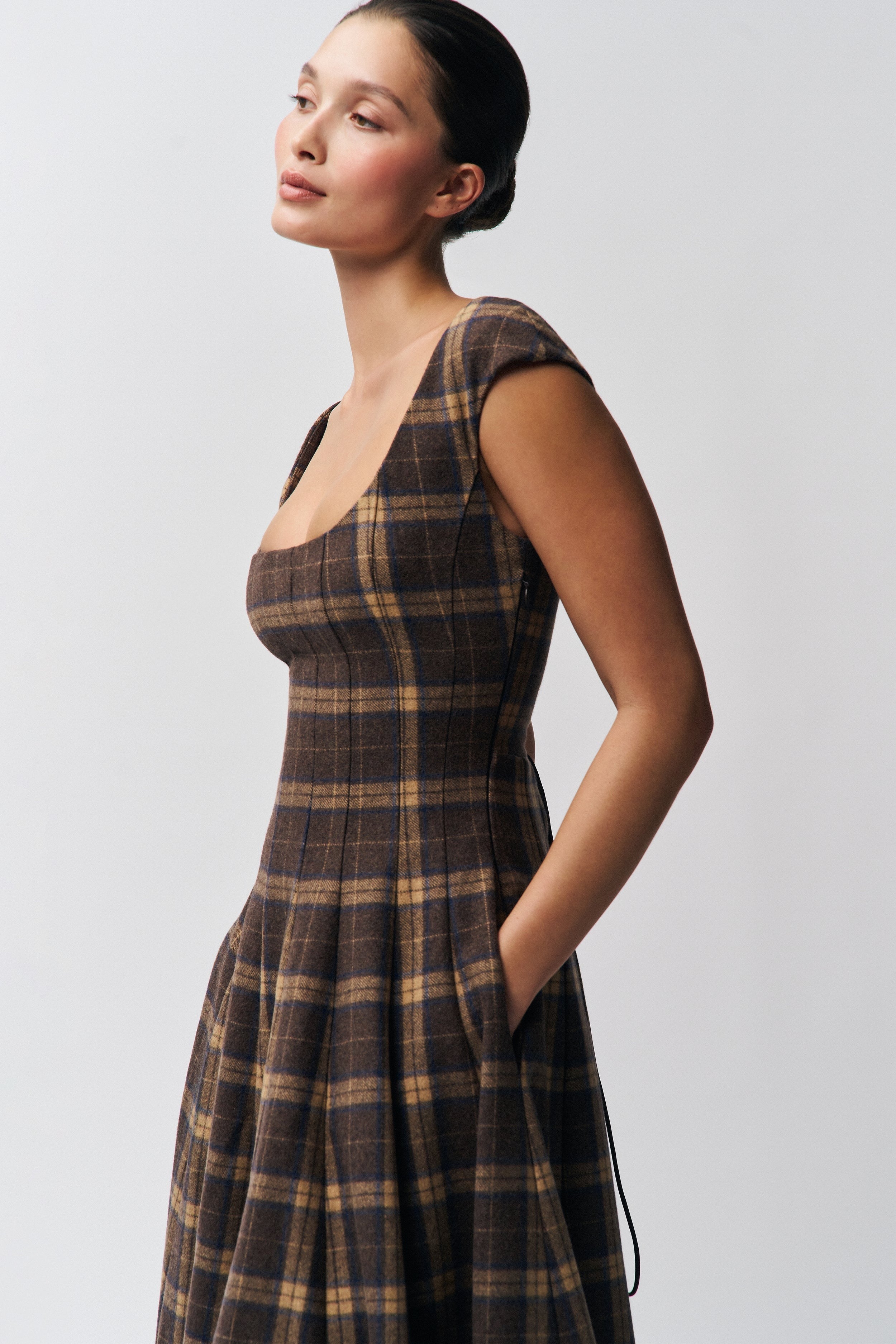 Brown Plaid Midi Dress