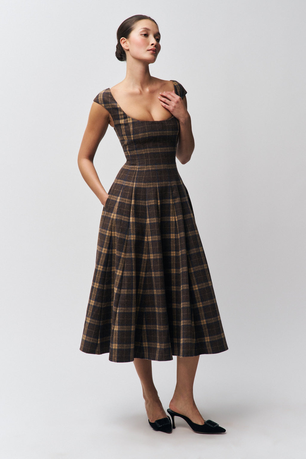 Brown Plaid Midi Dress