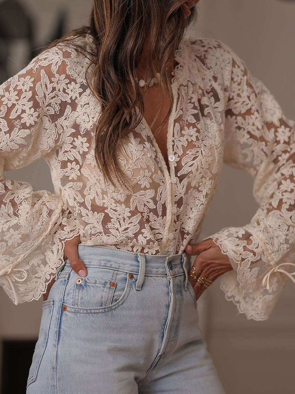 Hollow-Out Casual Lace Shirt