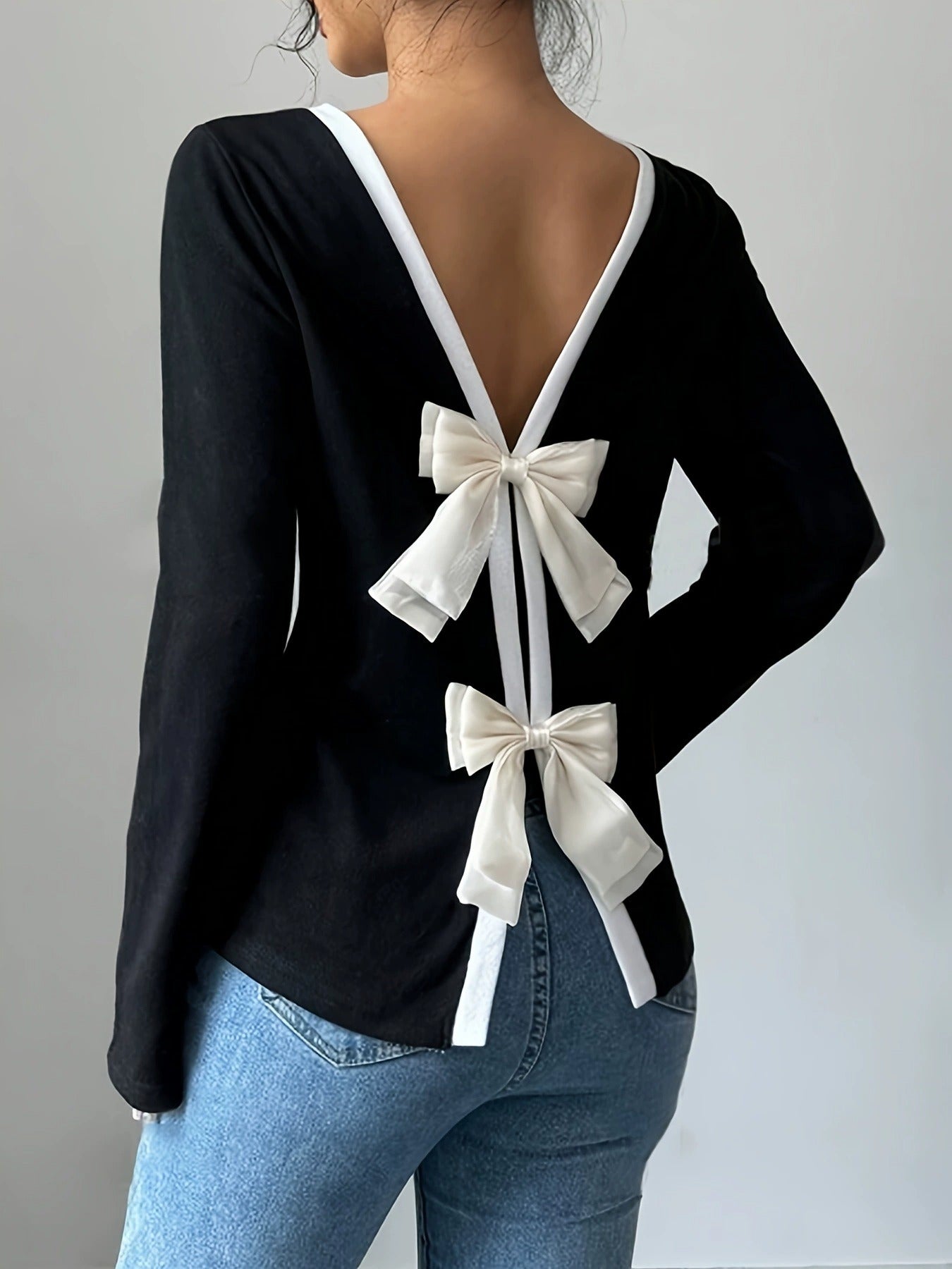 Slim-Fit Long-Sleeve Tee with Bow Detail