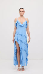 Sky Blue Ruffle Asymmetrical Maxi Dress