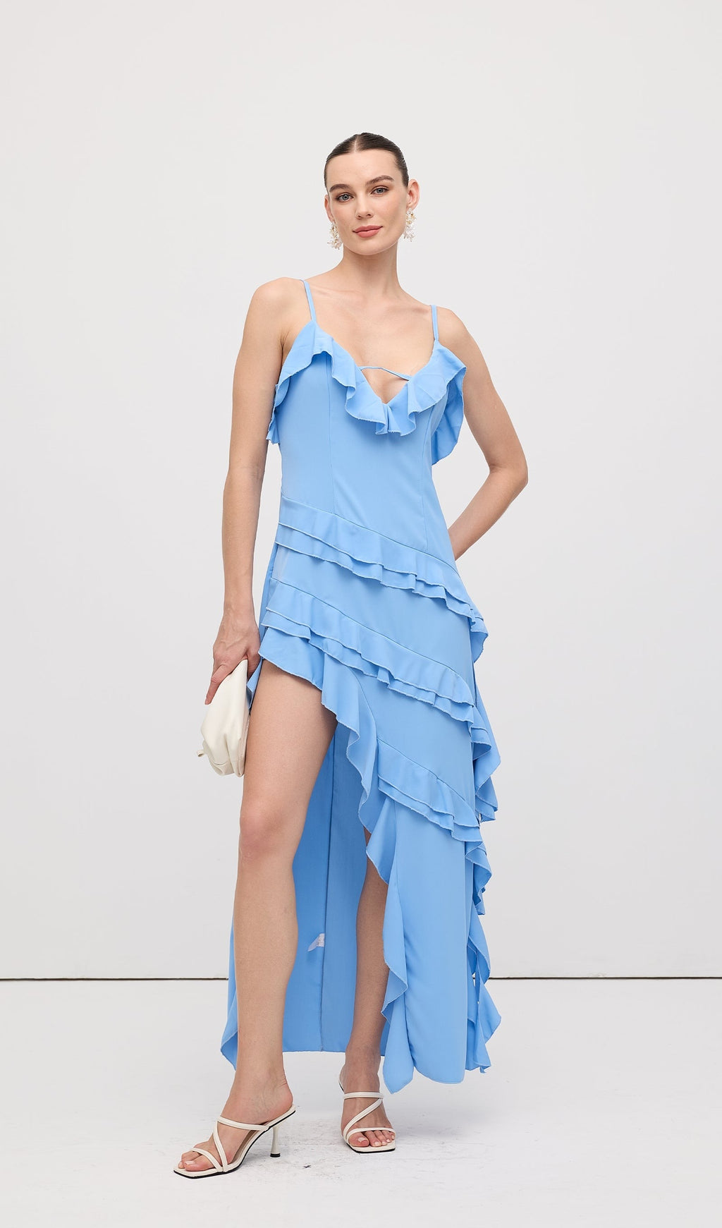 Sky Blue Ruffle Asymmetrical Maxi Dress