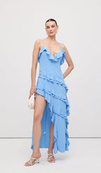 Sky Blue Ruffle Asymmetrical Maxi Dress