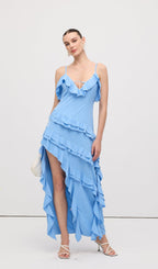 Sky Blue Ruffle Asymmetrical Maxi Dress