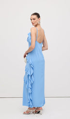 Sky Blue Ruffle Asymmetrical Maxi Dress