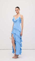 Sky Blue Ruffle Asymmetrical Maxi Dress