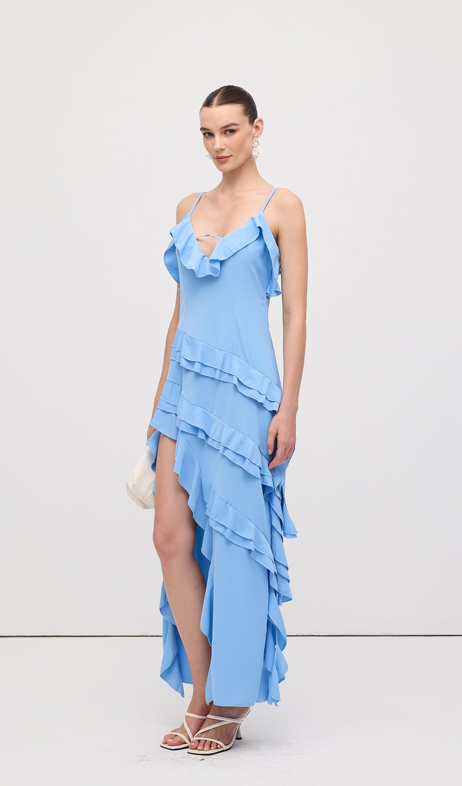 Sky Blue Ruffle Asymmetrical Maxi Dress