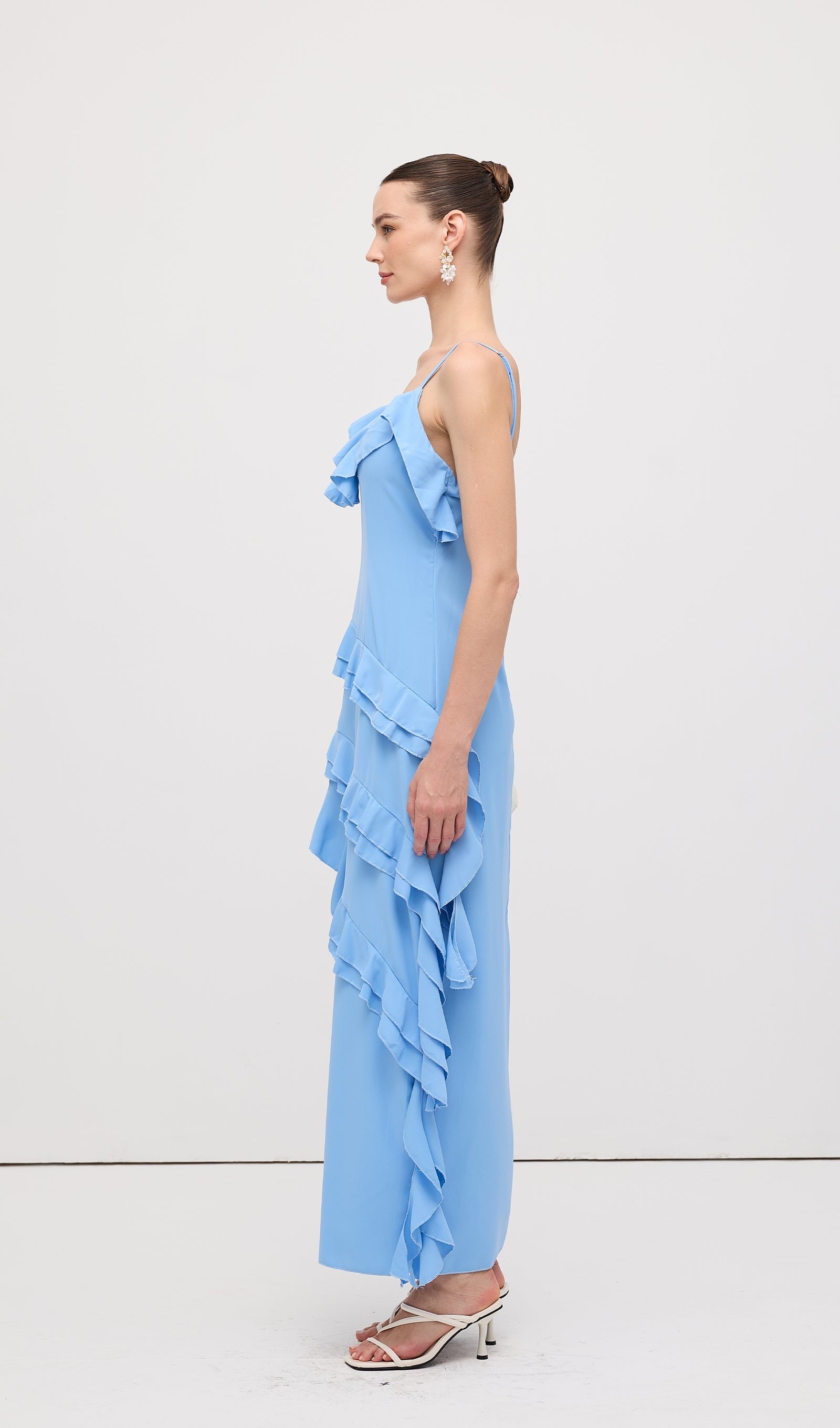 Sky Blue Ruffle Asymmetrical Maxi Dress