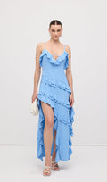 Sky Blue Ruffle Asymmetrical Maxi Dress