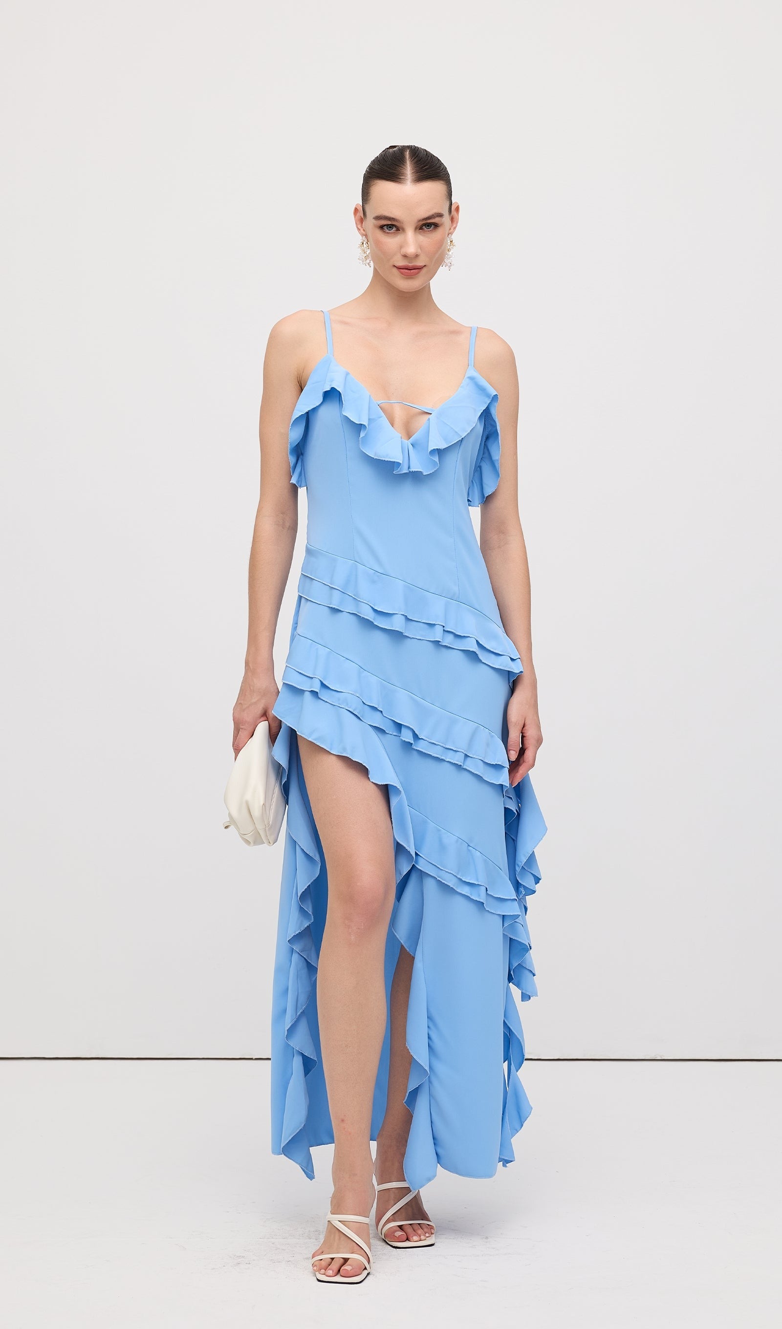 Sky Blue Ruffle Asymmetrical Maxi Dress