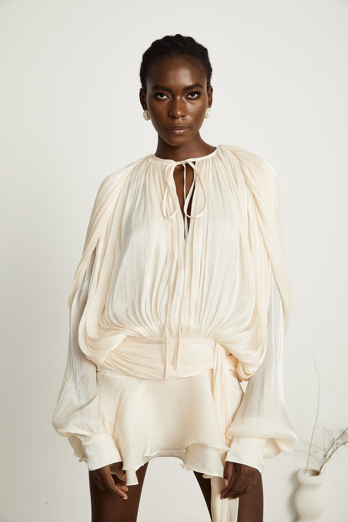 Neutral Fully Pleated Ruffled Mini Dress