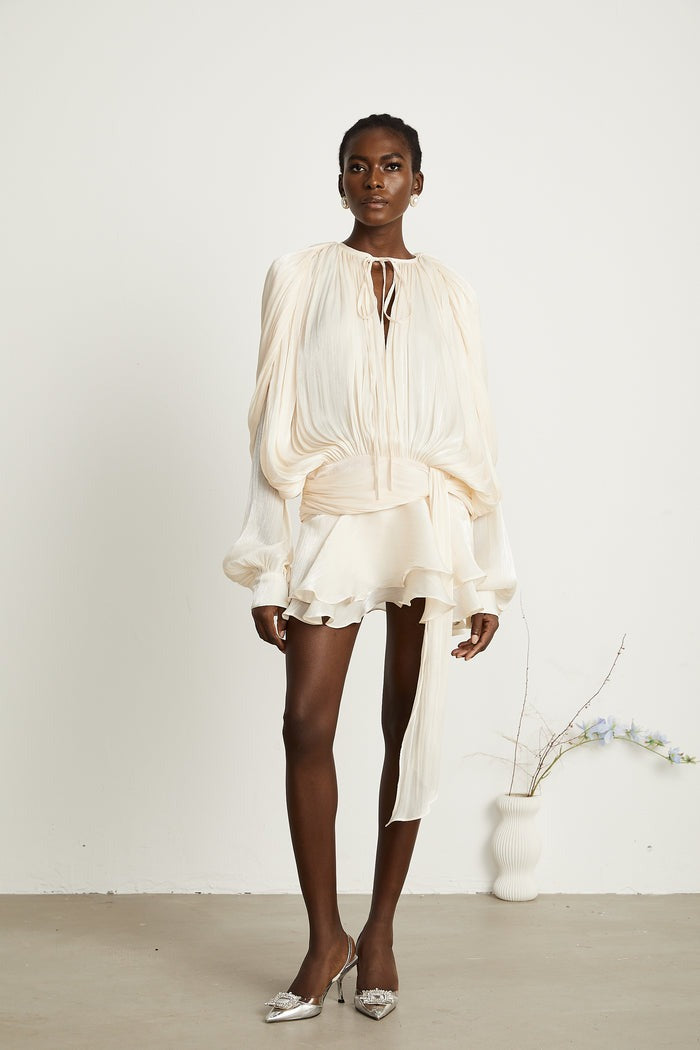 Neutral Fully Pleated Ruffled Mini Dress