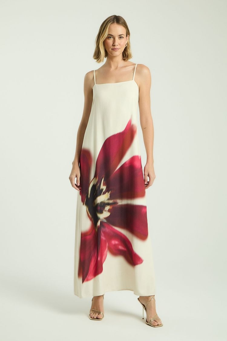 Long Straight-Neckline Maxi Dress – Localized Floral Print