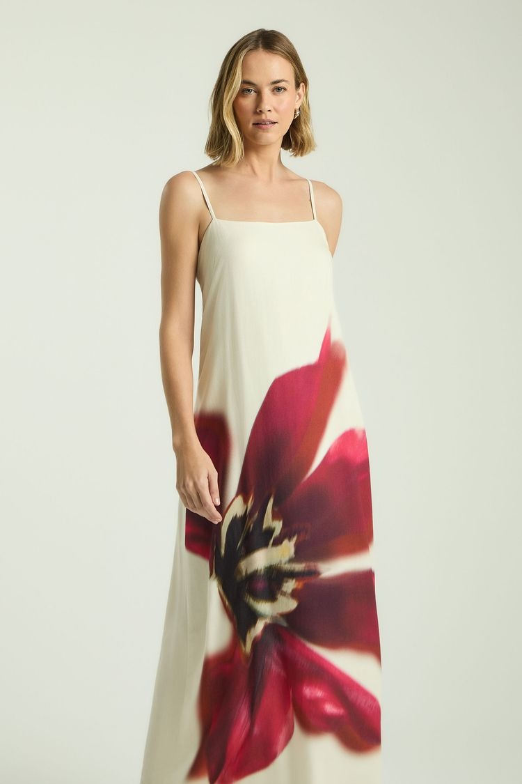 Long Straight-Neckline Maxi Dress – Localized Floral Print