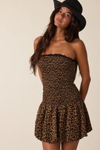 Chrissy Leopard Smocked Strapless Mini Dress