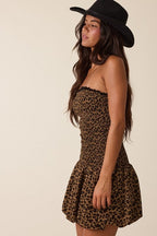 Chrissy Leopard Smocked Strapless Mini Dress
