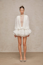 Isoline White Semi-Sheer Lace Top&Shorts&Dress Matching Set