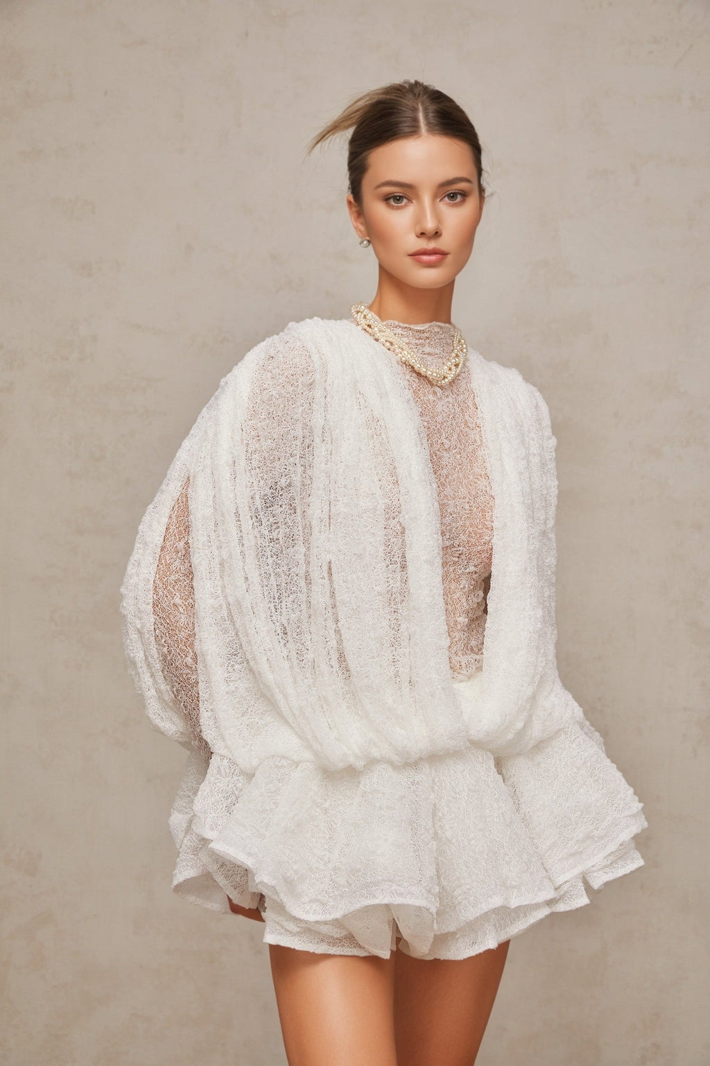 Isoline White Semi-Sheer Lace Top&Shorts&Dress Matching Set