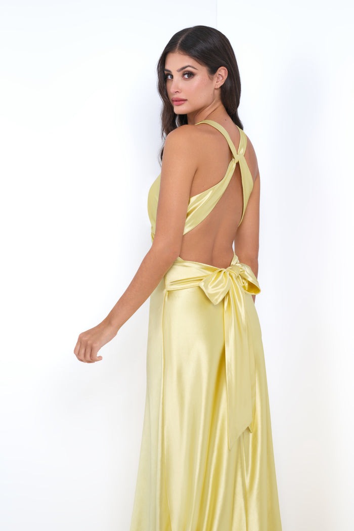 Twist V-neck Yellow Open Back Sheath Maxi Dress