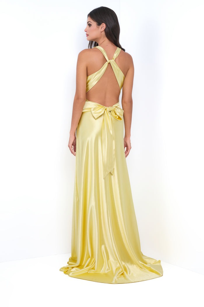 Twist V-neck Yellow Open Back Sheath Maxi Dress